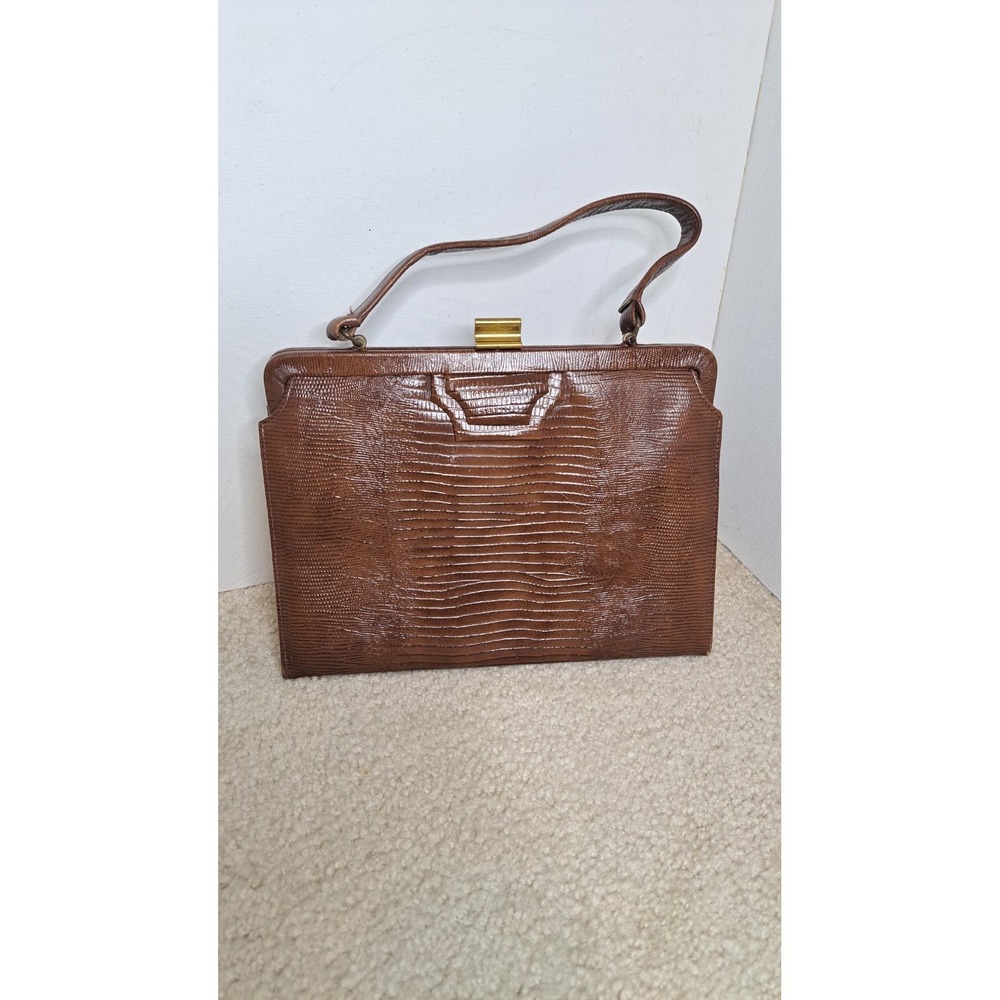 Vintage 1950-1960 Reptile Brown Lizard Style Handbag Purse Satchel - Picture 2 of 6